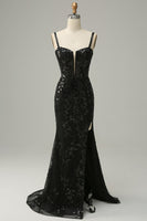 Load image into Gallery viewer, Mermaid Spaghetti Straps Royal Blue Sequins Long Prom Dress with Split Front