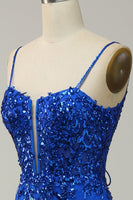 Load image into Gallery viewer, Mermaid Spaghetti Straps Royal Blue Sequins Long Prom Dress with Split Front