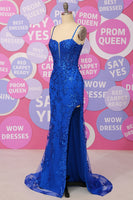 Load image into Gallery viewer, Royal Blue Mermaid Spaghetti Straps Sequins Prom Dress with Split Front