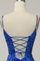 Load image into Gallery viewer, Mermaid Spaghetti Straps Royal Blue Sequins Long Prom Dress with Split Front