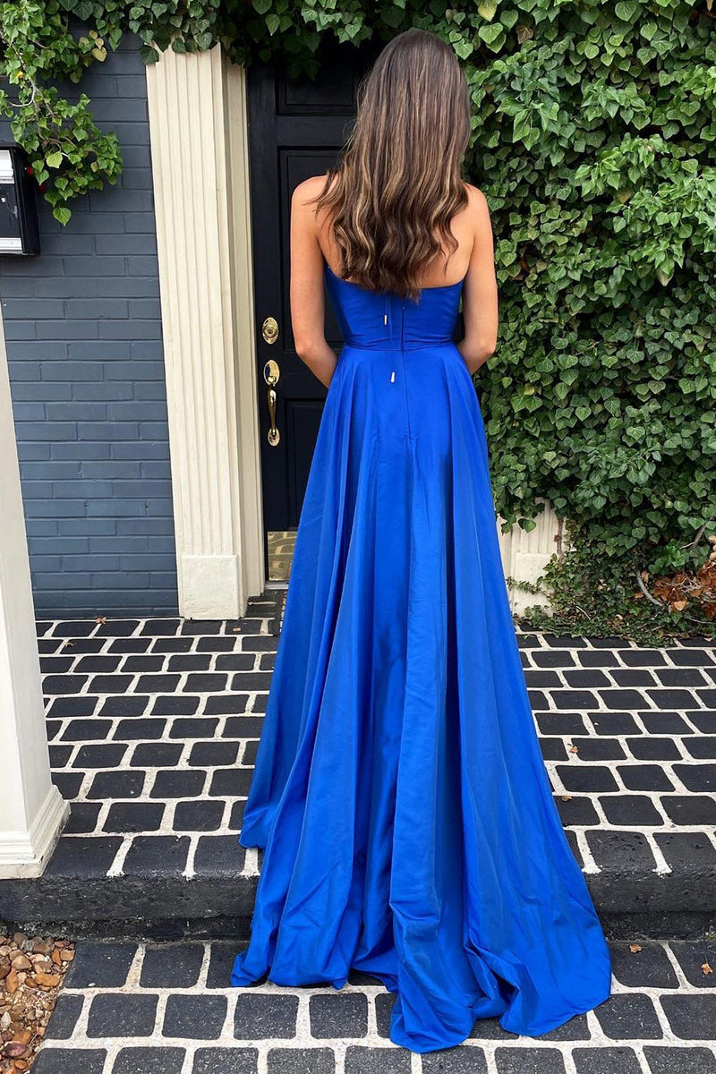 Load image into Gallery viewer, Simple A Line Deep V Neck Royal Blue Long Prom Dress with Split Front
