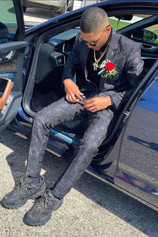 Peak Lapel Black 3 Piece Jacquard Men's Prom Suits