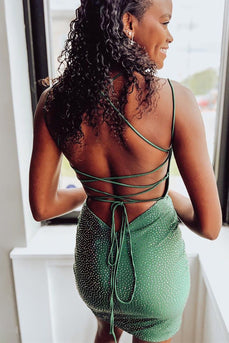 Green Beaded Bodycon Homecoming Dress With Criss Cross Back
