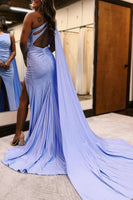 Load image into Gallery viewer, Sparkly Lilac One Shoulder Watteau Train Long Prom Dress with Slit