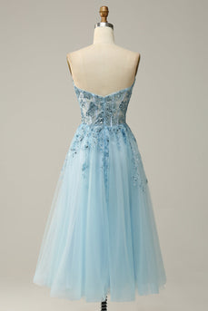 A Line Midi Sweetheart Sequins Sky Blue Prom Dress