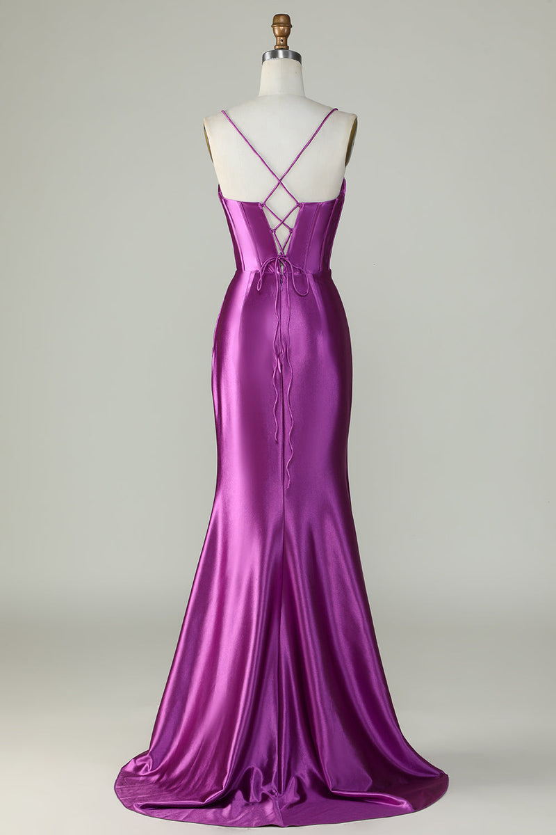 strapless open back dress Queendancer Women Dark Purple Prom Dress Spaghetti Straps Mermaid Formal  Dress With Slit – queendancer
