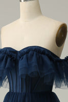 Load image into Gallery viewer, A-Line Off the Shoulder Sweetheart Tulle Navy Long Prom Dress
