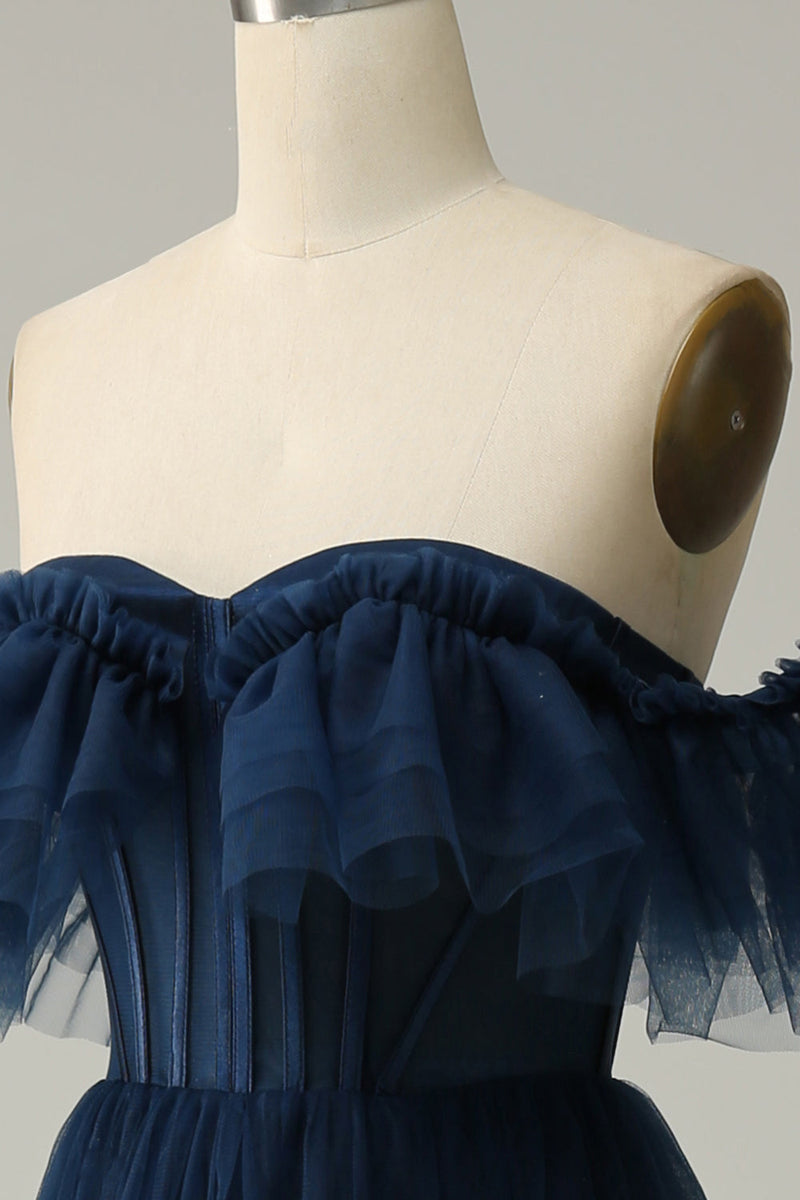 Load image into Gallery viewer, A-Line Off the Shoulder Sweetheart Tulle Navy Long Prom Dress