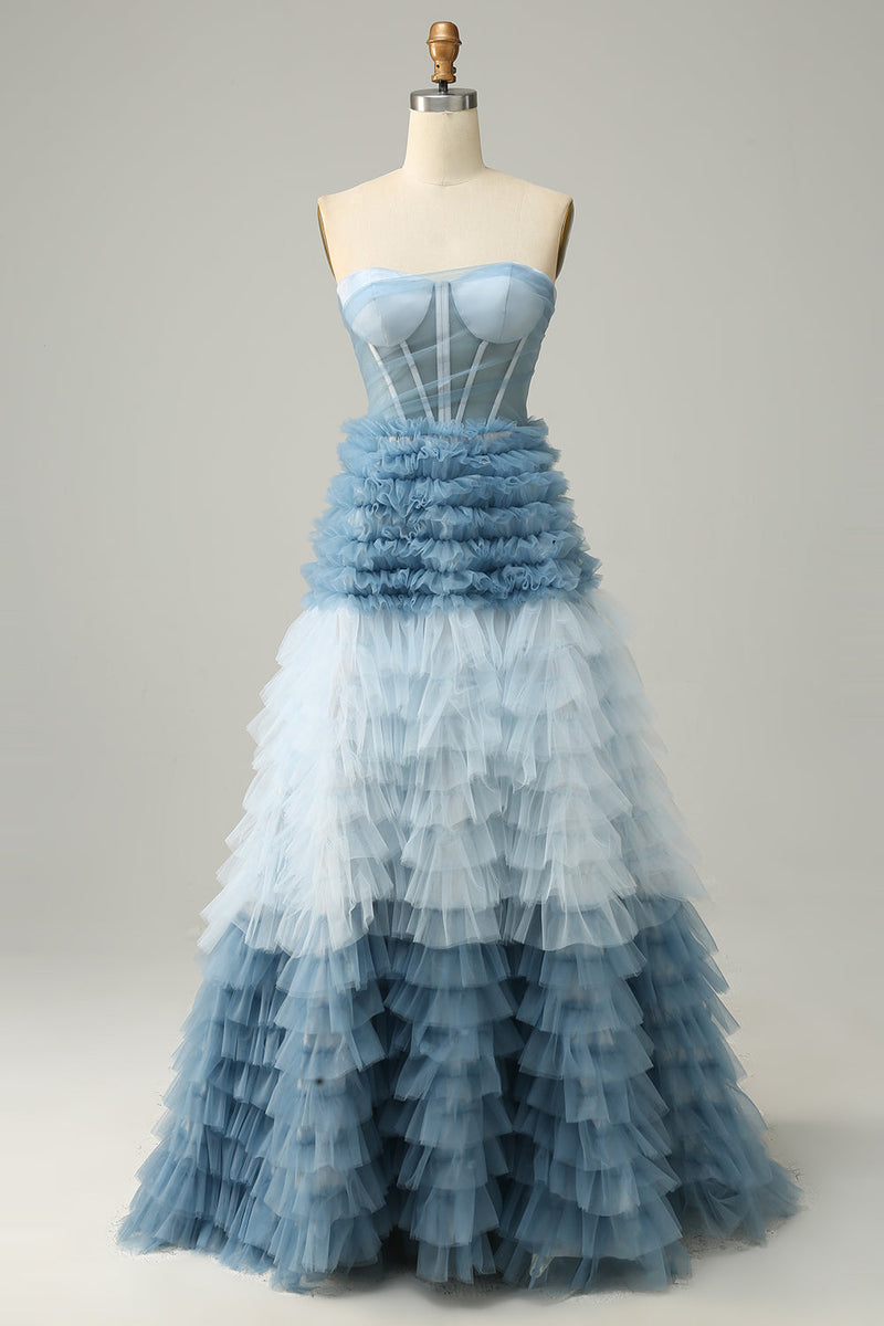 Load image into Gallery viewer, A Line Sweetheart Grey Blue Long Prom Dress with Ruffles