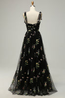 Load image into Gallery viewer, Black Embroidery Long Prom Dress