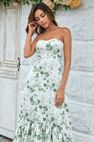 Load image into Gallery viewer, Green Asymmetrical Printed Long Prom Dress with Strapless