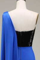 Load image into Gallery viewer, Royal Blue One Shoulder Satin and Sequin Mermaid Pleated Prom Dress with Slit