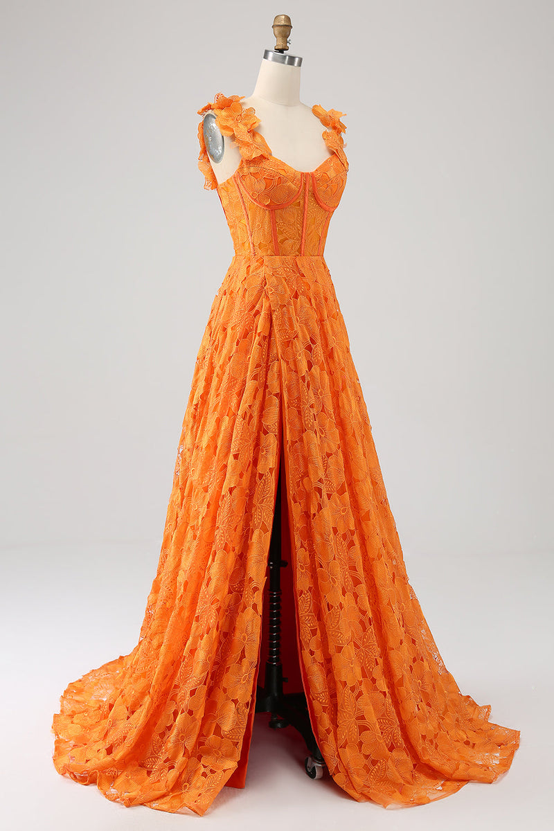 Orange Princess Sweetheart Tiered Lace Long Prom Dress