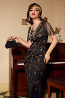 Load image into Gallery viewer, V Neck Black Sequins Long Formal Dress with Short Sleeves