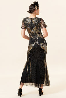 Black and Gold Sequin Long Formal 1920s Dress with Sequins