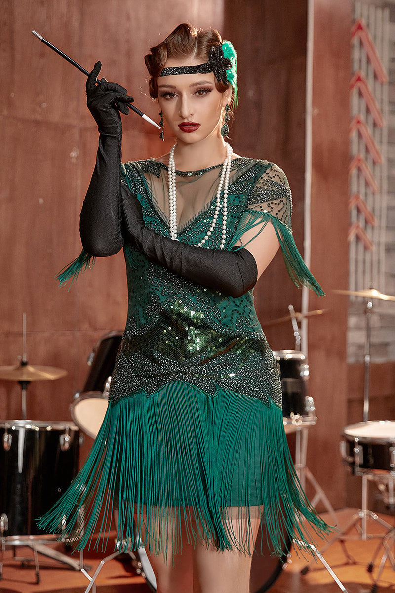 Load image into Gallery viewer, Dark Green Bodycon Bateau Neck Short 1920s Flapper Dress With Fringes