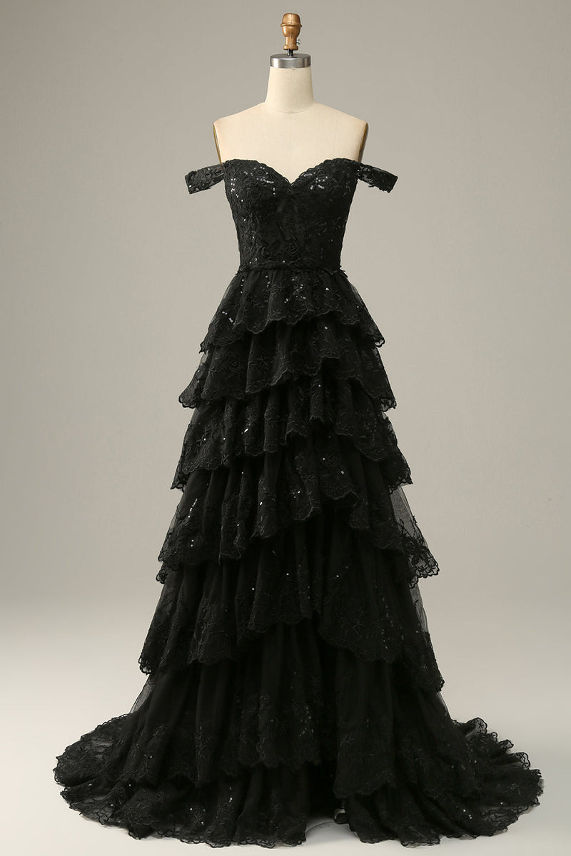 chinese dress ladies Queendancer Women Sparkly Black Long Corset Prom Dress with Slit Off The  Shoulder Tiered Lace A-Line Evening Dress with Ruffles – queendancer
