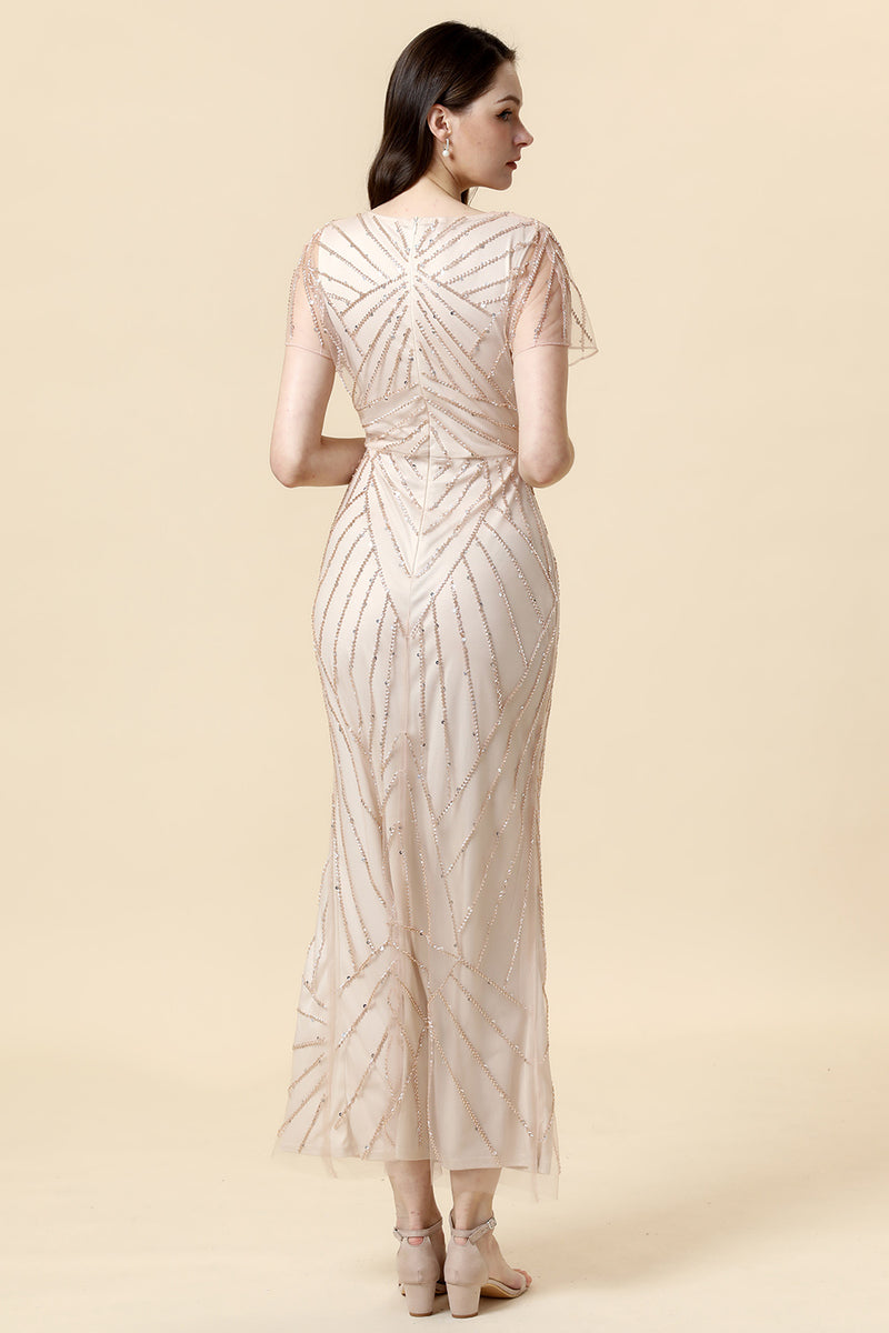 Load image into Gallery viewer, Sheath V Neck Light Khaki Long Formal Dress with Beading