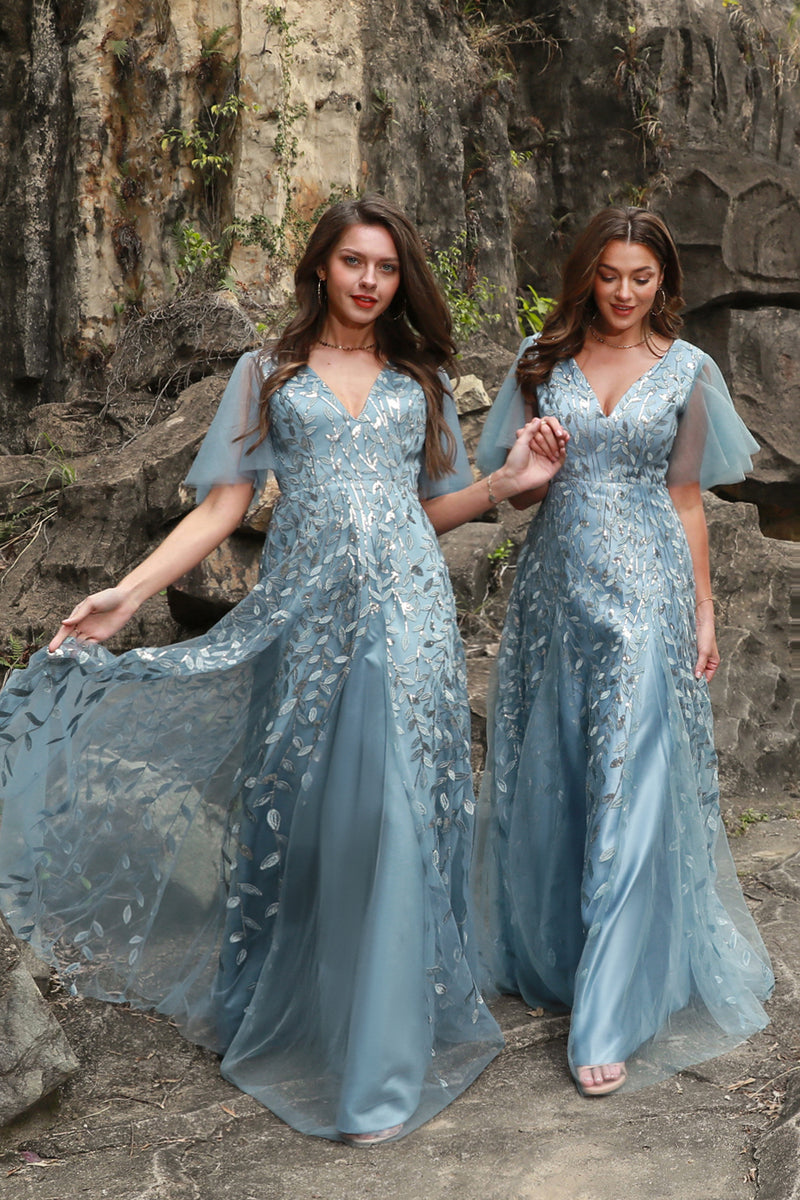 Load image into Gallery viewer, A Line V Neck Grey Blue Plus Size Prom Dress with Appliques