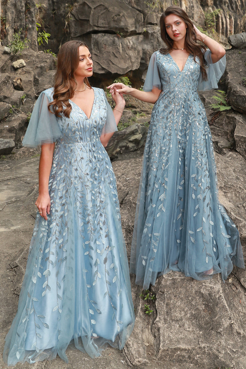 Load image into Gallery viewer, A Line V Neck Grey Blue Plus Size Prom Dress with Appliques
