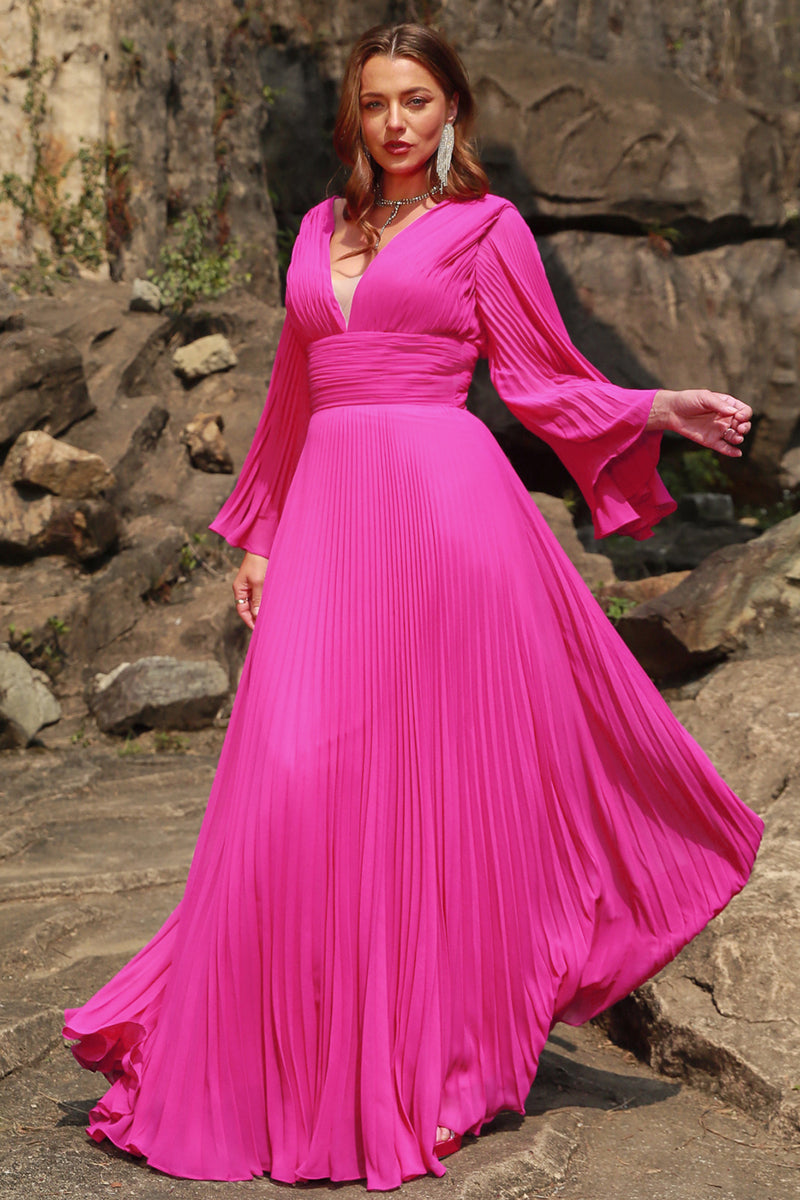 Load image into Gallery viewer, A Line Deep V Neck Fuchsia Plus Size Prom Dress with Long Sleeves