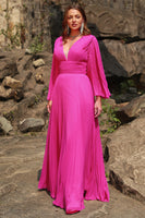 Load image into Gallery viewer, A Line Deep V Neck Fuchsia Plus Size Prom Dress with Long Sleeves