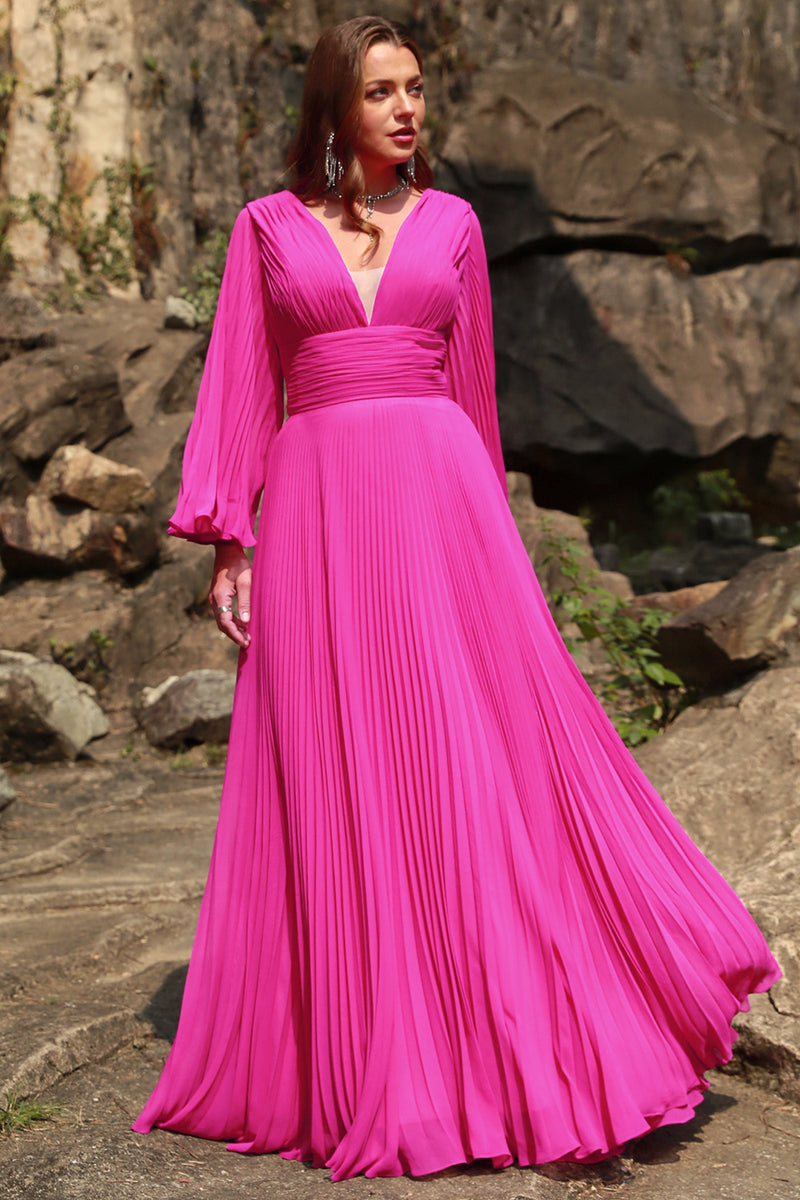 Load image into Gallery viewer, A Line Deep V Neck Fuchsia Plus Size Prom Dress with Long Sleeves