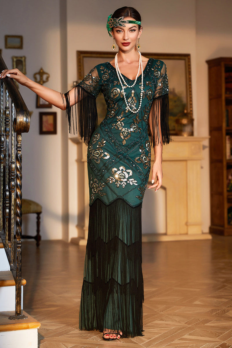 Load image into Gallery viewer, Queendancer Women Dark Green 1920s Flapper Dress V Neck Long Sleeves Vintage Dress With Fringes
