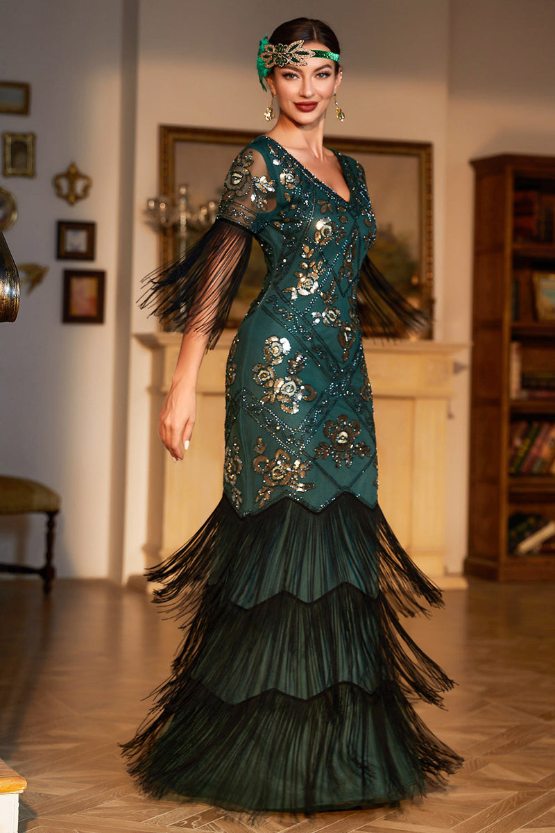 Queendancer Women Dark Green 1920s Flapper Dress V Neck Long Sleeves Vintage Dress With Fringes queendancer Queendancer Women Dark Green 1920s Flapper Dress V Neck Long Sleeves Vintage Dress With Fringes queendancer