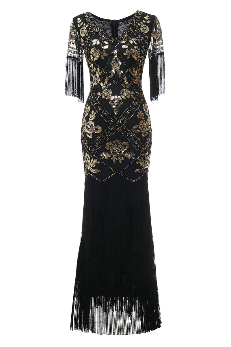Load image into Gallery viewer, Queendancer Women Sparkly Roaring 20s Black 1920s Flapper Dress V Neck Long Sleeves Vintage Dress With Fringes