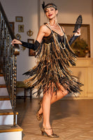 Load image into Gallery viewer, Spaghetti Straps Black Golden 1920s Dress with Fringes
