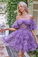 Load image into Gallery viewer, Dark Purple Off the Shoulder A Line Printed Cute Homecoming Dress