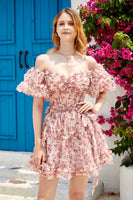 Load image into Gallery viewer, Dark Purple Off the Shoulder A Line Printed Cute Homecoming Dress