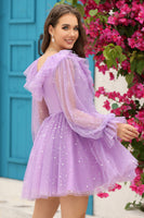 Load image into Gallery viewer, A Line V Neck Navy Short Homecoming Dress with Long Sleeves