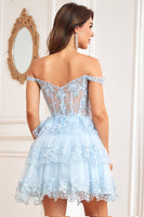 Load image into Gallery viewer, A Line Off the Shoulder Blue Corset Homecoming Dress with Lace