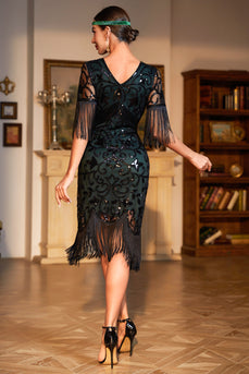 Sparkly Dark Green V-neck Roaring 20s Party Dress with Fringes
