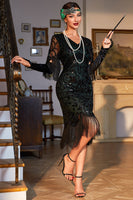 Load image into Gallery viewer, Sparkly Dark Green V-neck Roaring 20s Party Dress with Fringes