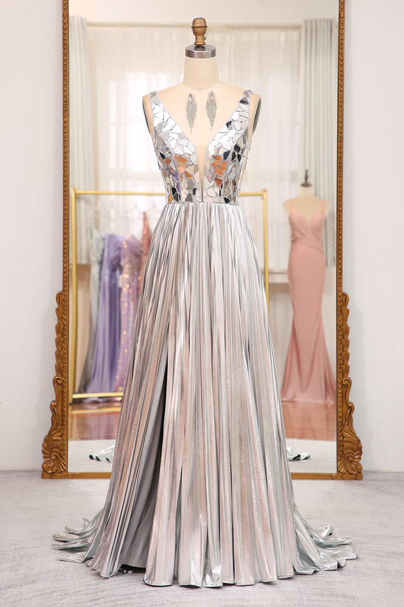 womens silver dress A-line Silver Metallic Dress Ruffles Long Prom Dress With Slit sew1063