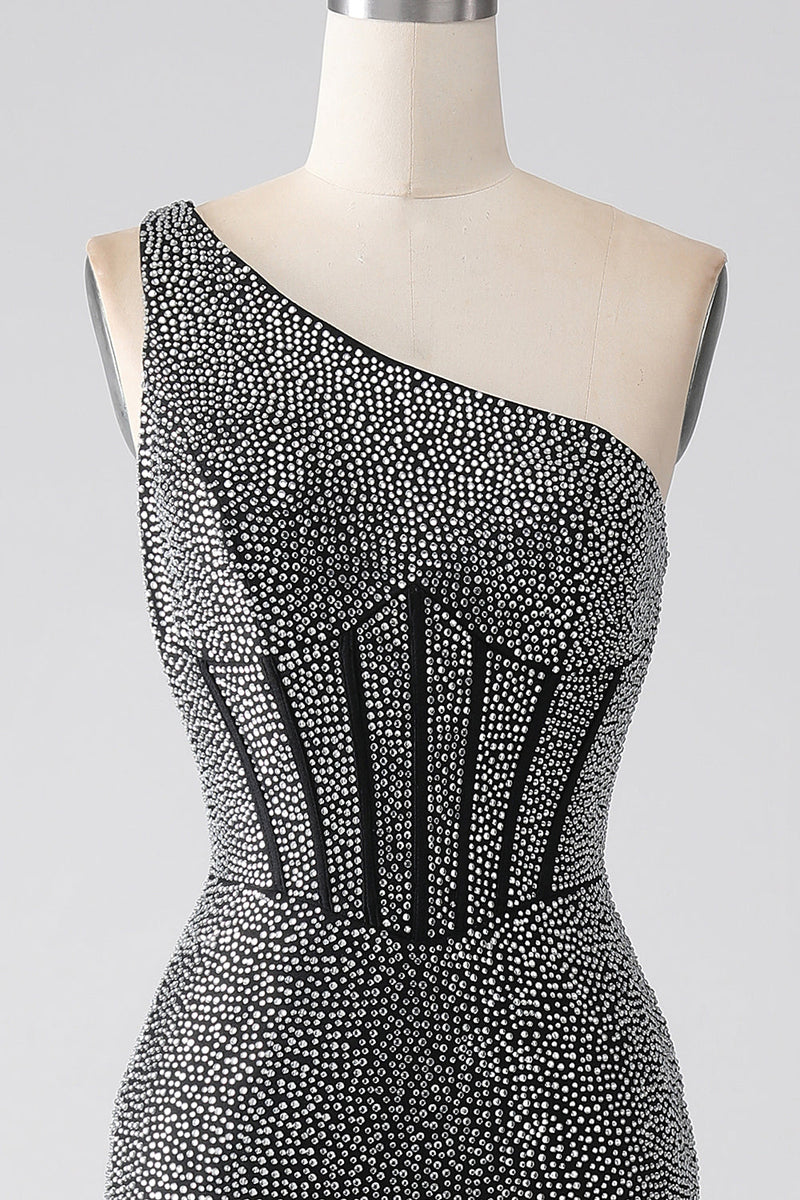 Load image into Gallery viewer, Sparkly Black Mermaid Beaded One Shoulder Long Corset Prom Dress with Slit