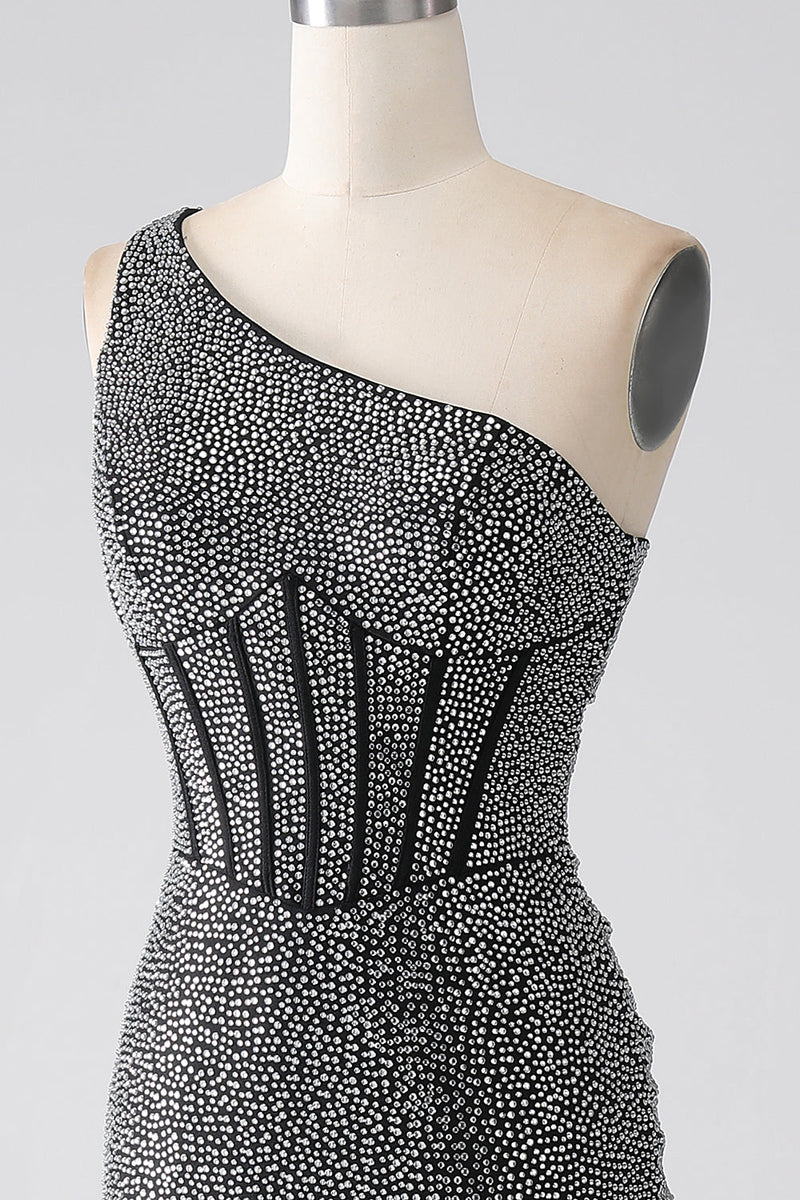 Load image into Gallery viewer, Sparkly Black Mermaid Beaded One Shoulder Long Corset Prom Dress with Slit