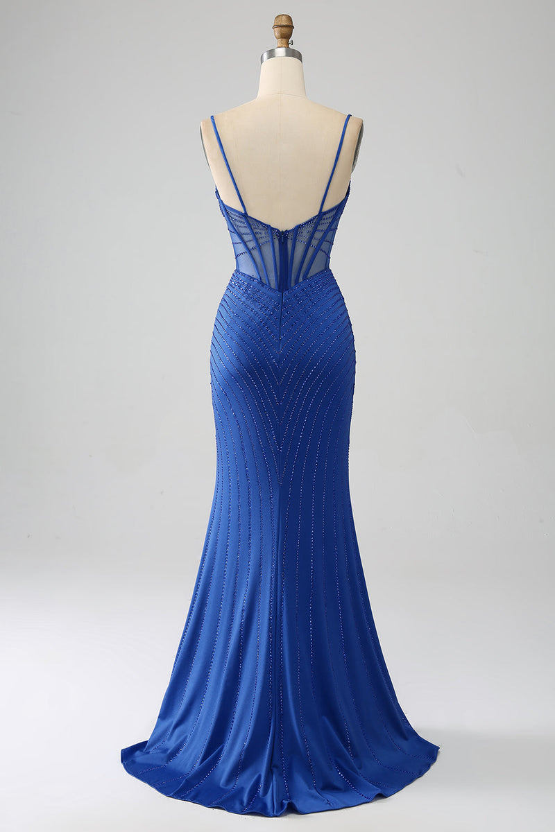 Queendancer Women Royal Blue Corset Prom Dress with Beading Mermaid