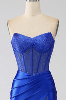 Load image into Gallery viewer, Mermaid Strapless Royal Blue Corset Prom Dress with Beading