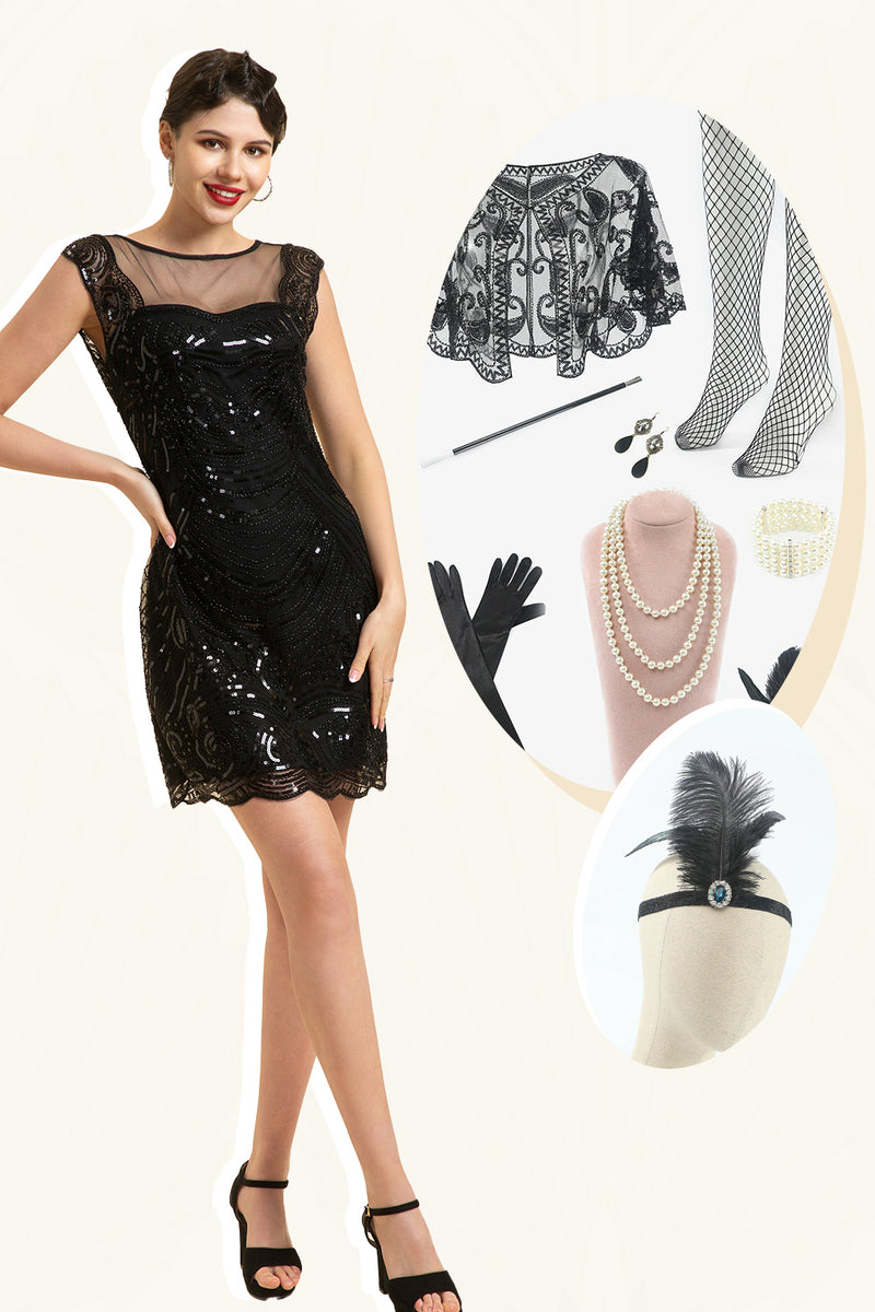 Load image into Gallery viewer, Black Great Gatsby 1920s Dress with 20s Accessories Set