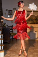 Load image into Gallery viewer, Sparkly Red Sequined Fringed 1920s Flapper Dress with 20s Accessories