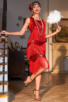 Load image into Gallery viewer, Sparkly Red Sequined Fringed 1920s Flapper Dress with 20s Accessories