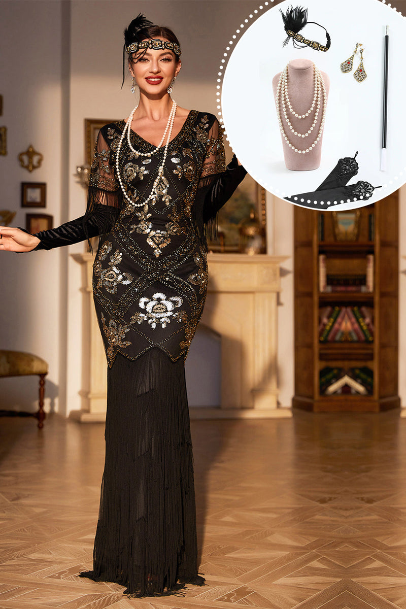 Queendancer Women Black Sequined Long 1920s Gatsby Dress with Accessories Set Fringed V-Neck Short Sleeves 1920s Evening Gown queendancer Queendancer Women Black Sequined Long 1920s Gatsby Dress with Accessories Set Fringed V-Neck Short Sleeves 1920s Evening Gown queendancer