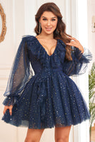 Load image into Gallery viewer, A Line V Neck Navy Short Homecoming Dress with Long Sleeves