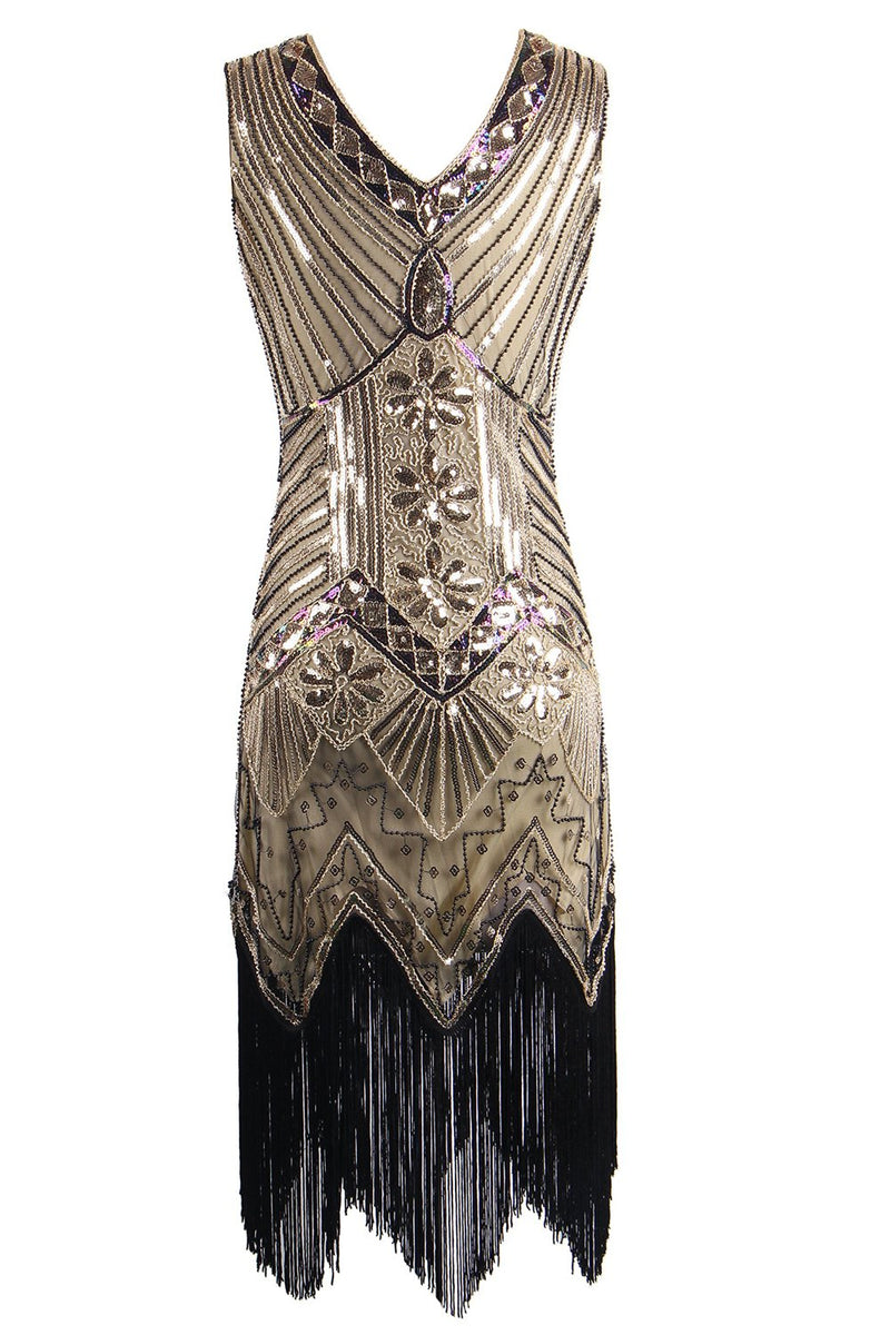 Load image into Gallery viewer, Queendancer Women Gold V Neck Sleeveless Sequins Glitter 1920s Bodycon Fringe Flapper Dress