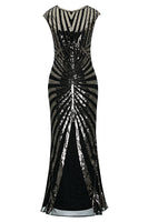 Load image into Gallery viewer, Black and Champagne Sequined Formal Dress