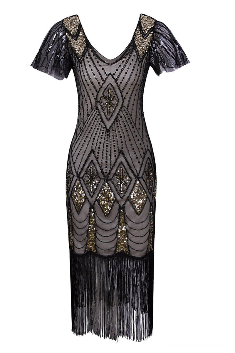 Load image into Gallery viewer, Black & Gold Sequins 1920s Flapper Dress with 20s Accessories Set